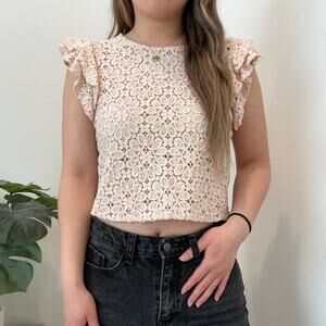 Zara pale pink eyelet crochet floral ruffle puff sleeve cropped blouse small